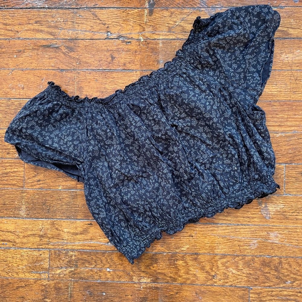 Kimchi Blue Navy Off-The Shoulder Crop Top With Delicate White Floral Detail